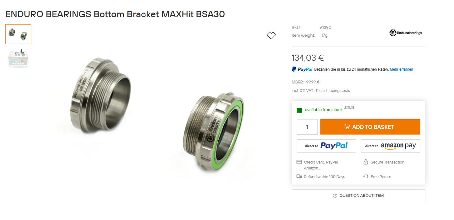 Enduro Bearings MAXHit BSA30 available 07. September 22:00